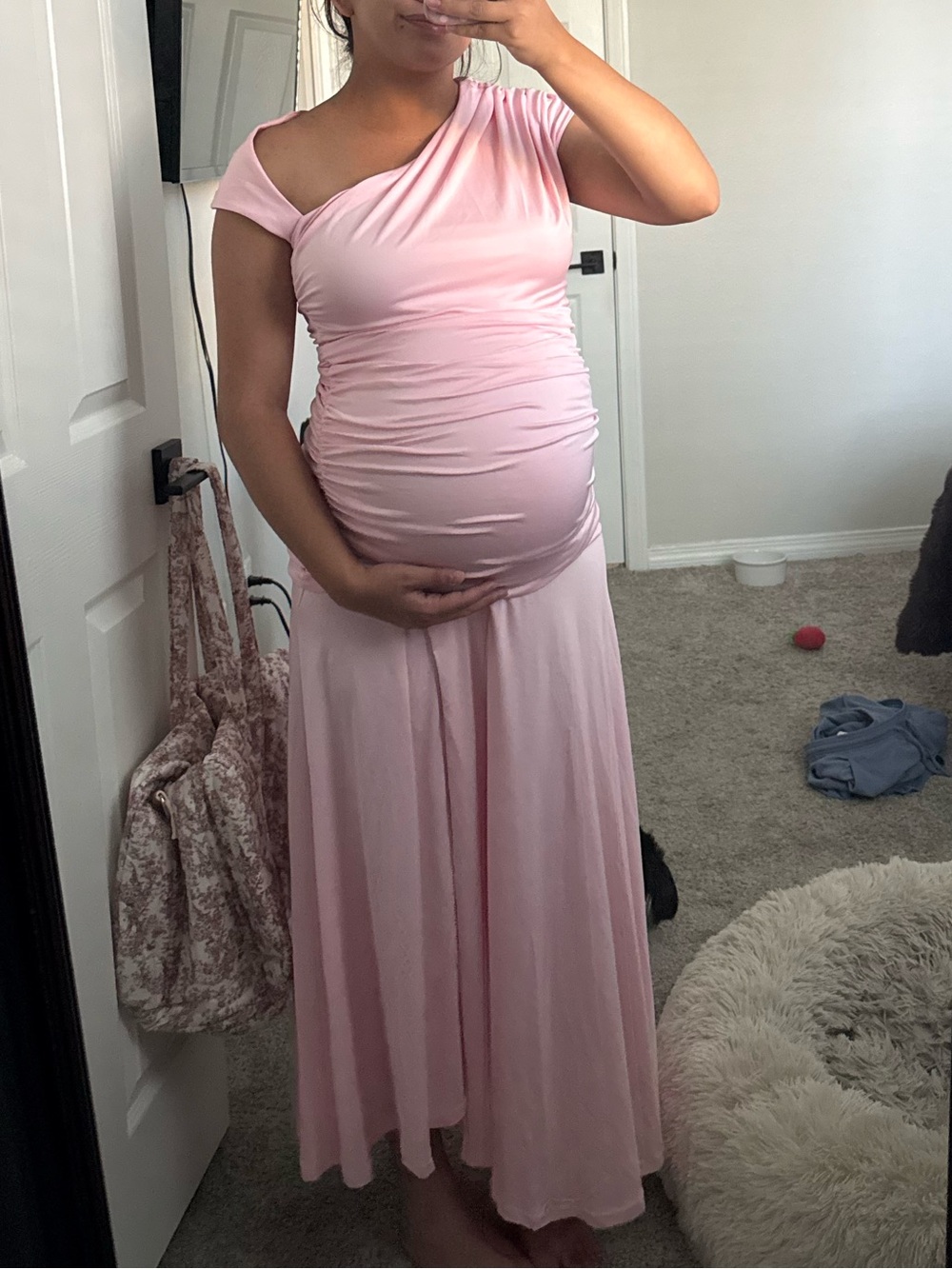 One-Shoulder Pink Maternity Maxi Dress